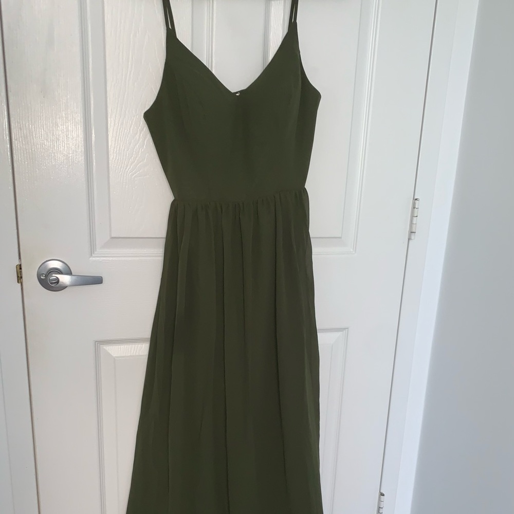 Revelry “Ainsley” dress in size 8, deep olive, chiffon, regular length.